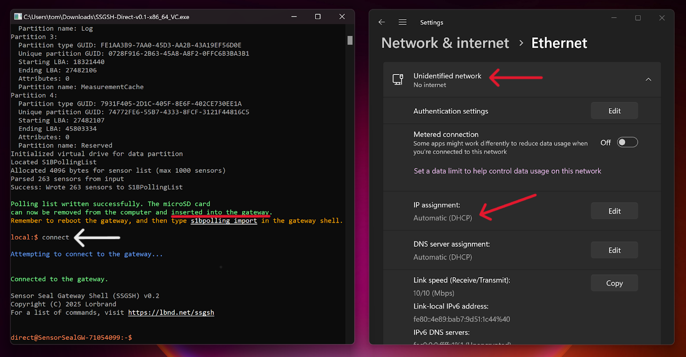 SSGSH Direct Utility being used to connect to the gateway