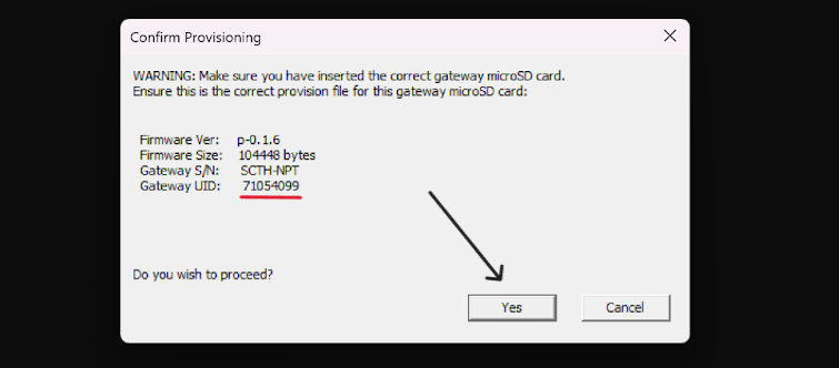 SSGSH Direct Utility showing a provision file confirmation prompt when formatting a gateway's microSD card