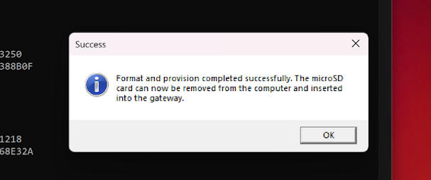 SSGSH Direct Utility showing a success popup after formatting a gateway's microSD card